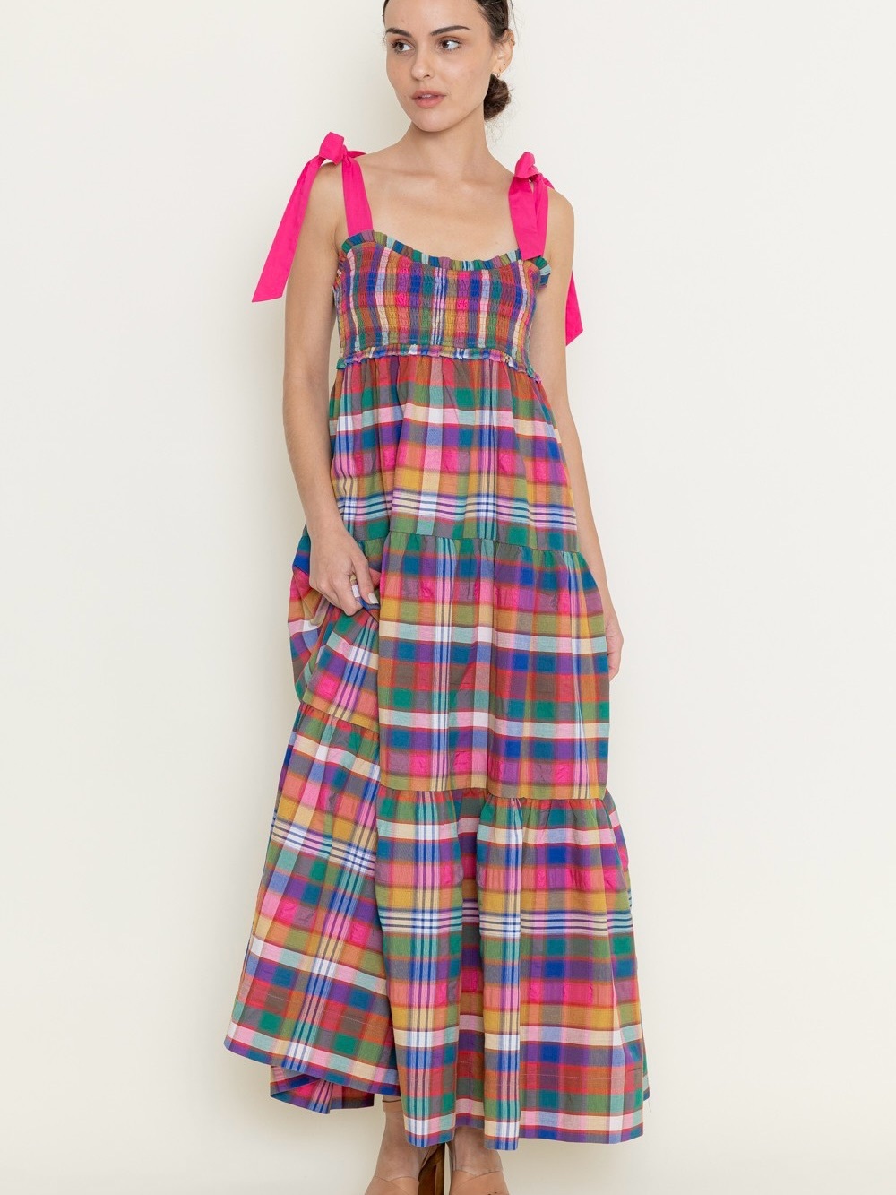 Vici Tie-Shoulder Multicolor Plaid Maxi Dress  Size Large